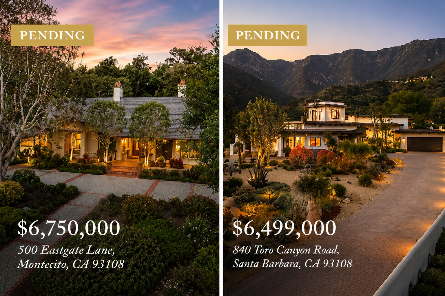 Two luxury Santa Barbara area homes listed as pending: 500 Eastgate Lane in Montecito and 840 Toro Canyon Road in Santa Barbara.